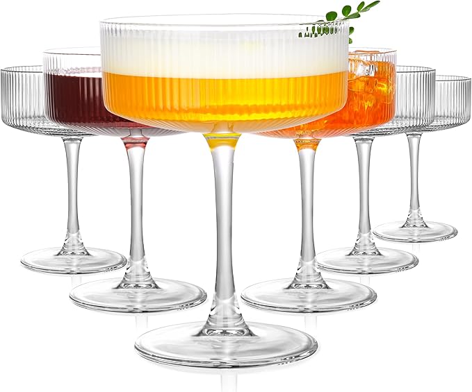 Amyoole Vintage Ribbed Coupe Glasses Set of 6-11oz Clear 100% Crystal Martini Glasses Elegant Cocktail Glasses, Transparen...