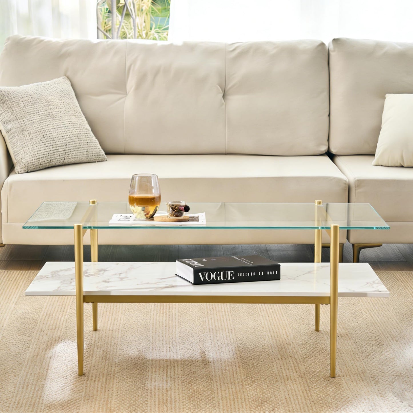 Shrine Rectangle Coffee Table, Mid-Century Modern Design, 2-Tier Structure, Clear Glass Top and White MDF Shelf, 41" D x 21" W x 17" H, Sleek Conical Metal Legs with Gold Finish