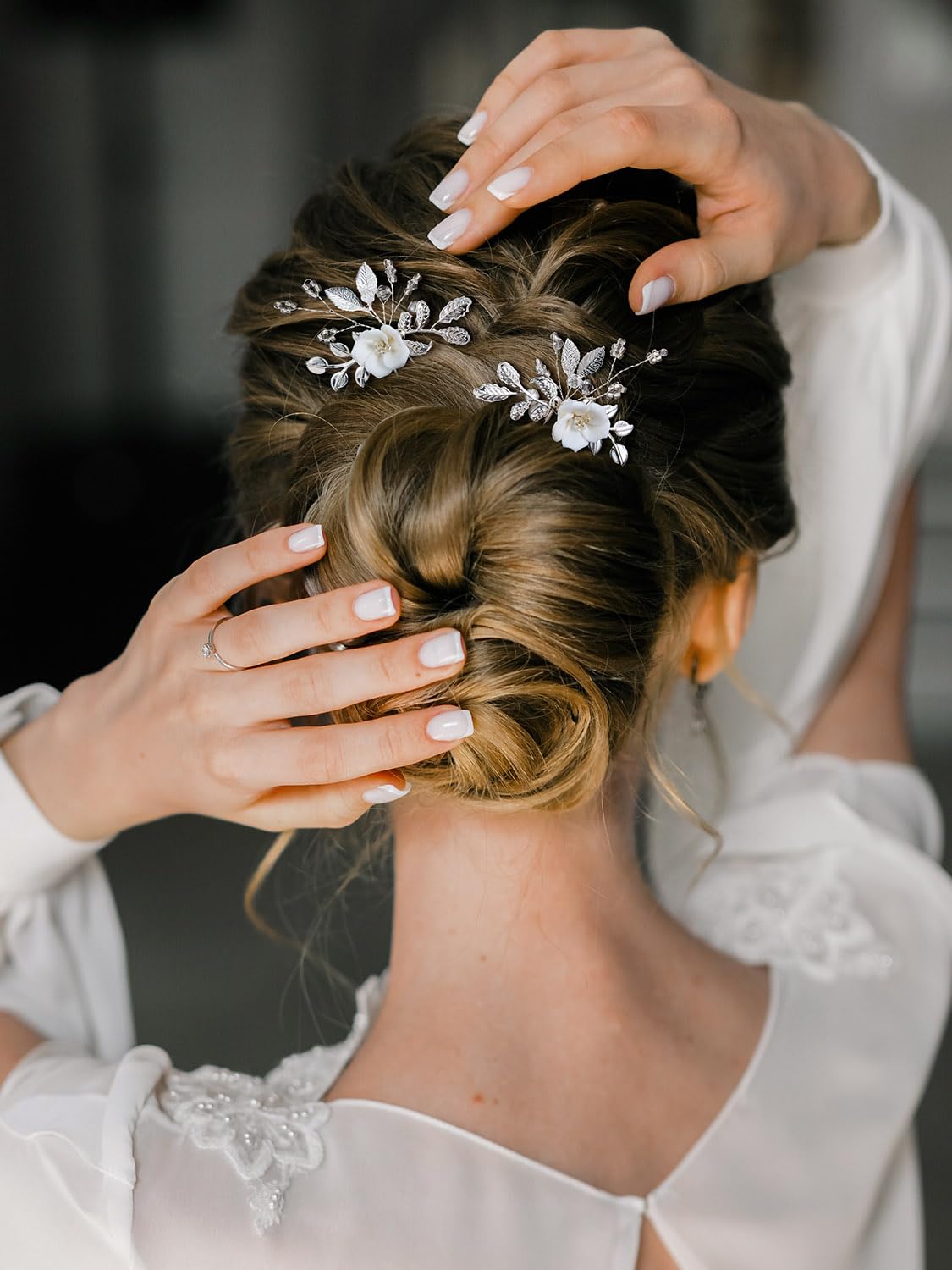 SWEETV 2Pcs Bridal Hair Accessories,Silver Wedding Hair Pins Pieces With White Flowers for Brides