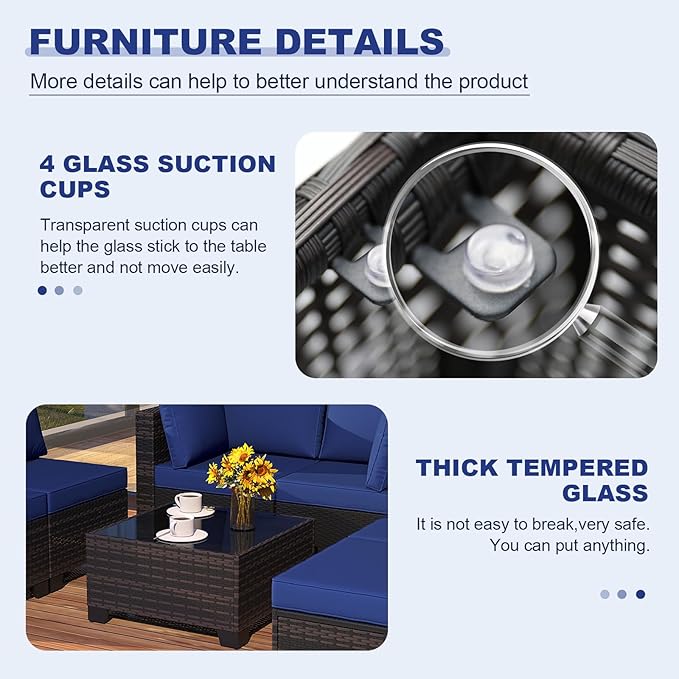 Ophelian 7 Pieces Outdoor Conversation Sectional Rattan Sofa, Patio Furniture Set, with Wicker and Cushions for Garden and Backyard, (Brown/Deep Blue)