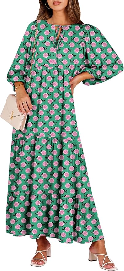 ANRABESS Womens Boho Maxi Dresses 2026 Summer V Neck Puff Sleeve Floral Flowy Swing Fall Casual Long Dress