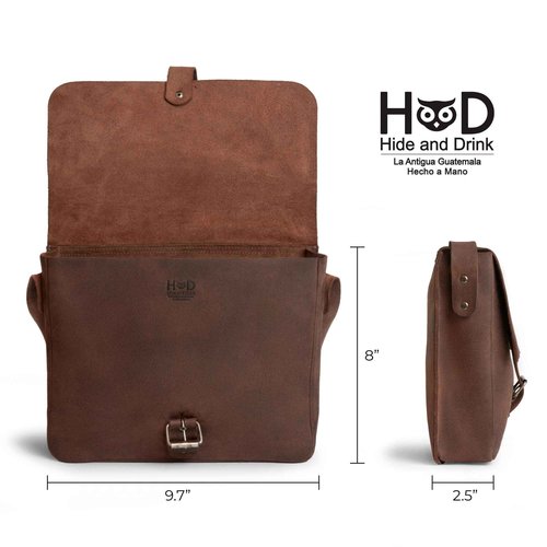 Hide & Drink, Small Messenger Bag, Rectangular Bag with Adjustable Shoulder Strap, Crossbody Bag, Travel Accessory, Full Grain Leather, Handmade, Bourbon Brown