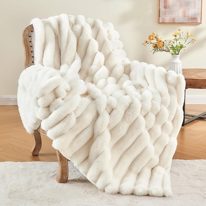 BEDELITE Faux Fur Throw Blanket for Couch, Soft and Cozy Luxurious 3D Striped Fluffy Blanket, 770GSM Thick Warm Plush Fuzz...