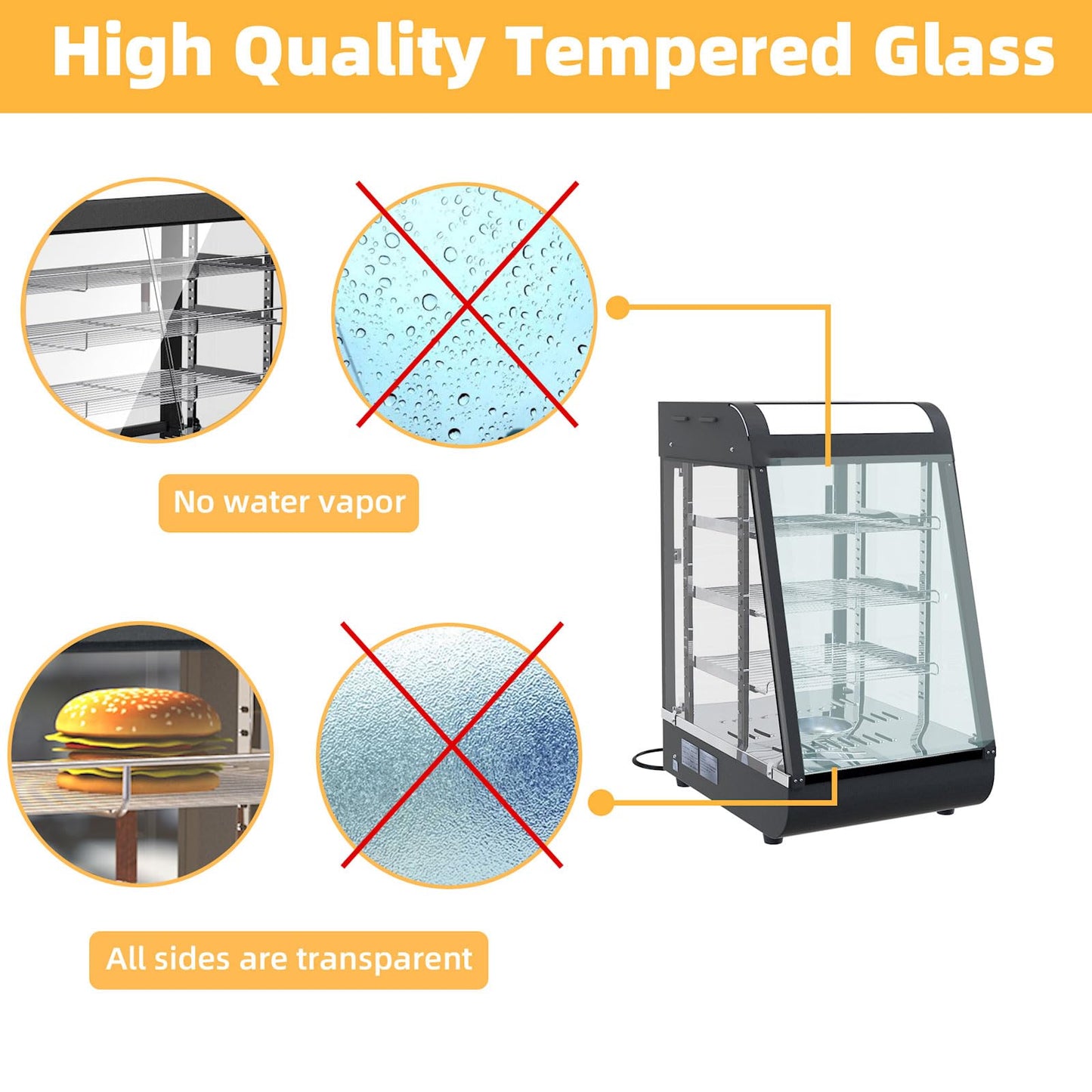 Whalefall 3-Tier Food Warmers Countertop, 15" Commercial Warm for Food Pizza Warmer w/ 3D Heating with Stainless Frame Sliding Glass Doors Pastry Display Case for Buffet Restaurant
