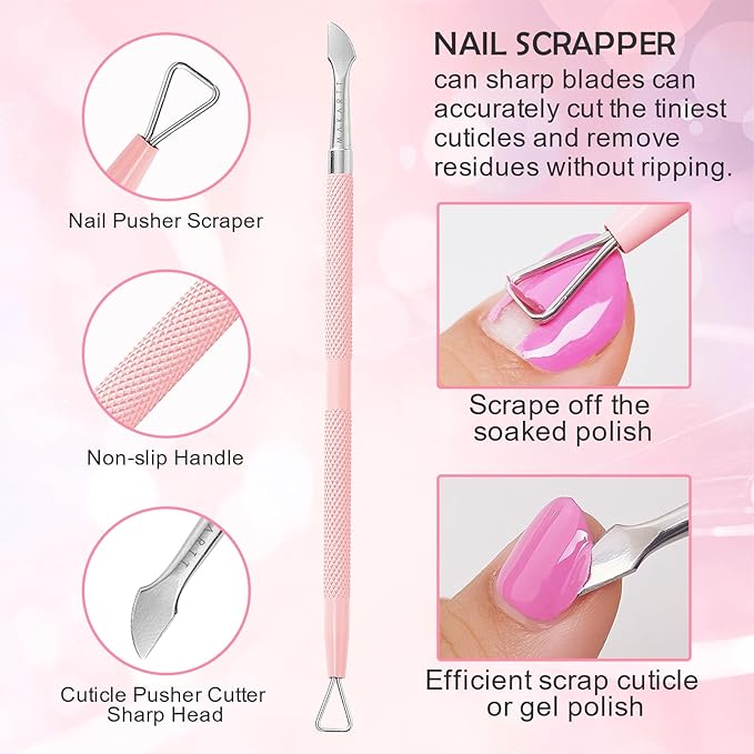 Makartt Cuticle Pushers, 2Pcs Stainless Steel Dual Ended Cuticle Remover with Spoon Pusher, Cutter, Scraper & Dead Skin Fork, Pink Manicure Pedicure Nail Care Kit