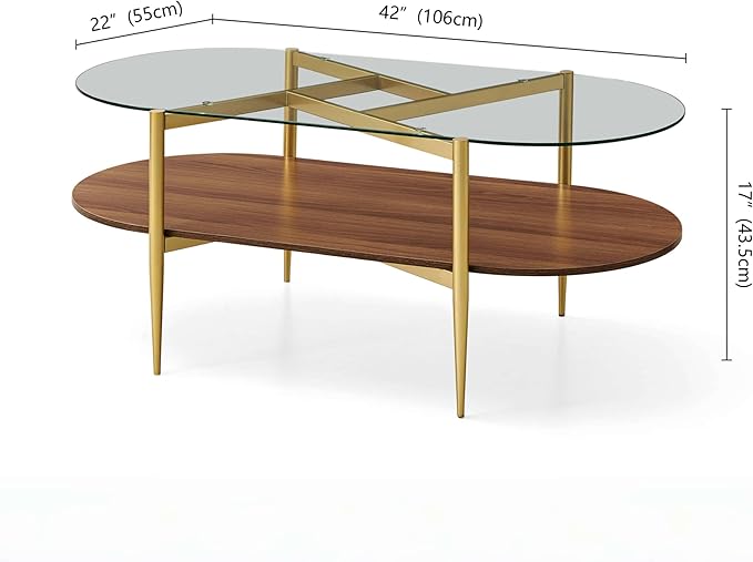Pine Flicker Oval Glass Coffee Table, Mid-Century Modern Design, L42*W22*H17 inch, for Living Room, Clear Glass Top and Walnut Finish Wood Shelf, Conical Metal Legs with Gold Finish