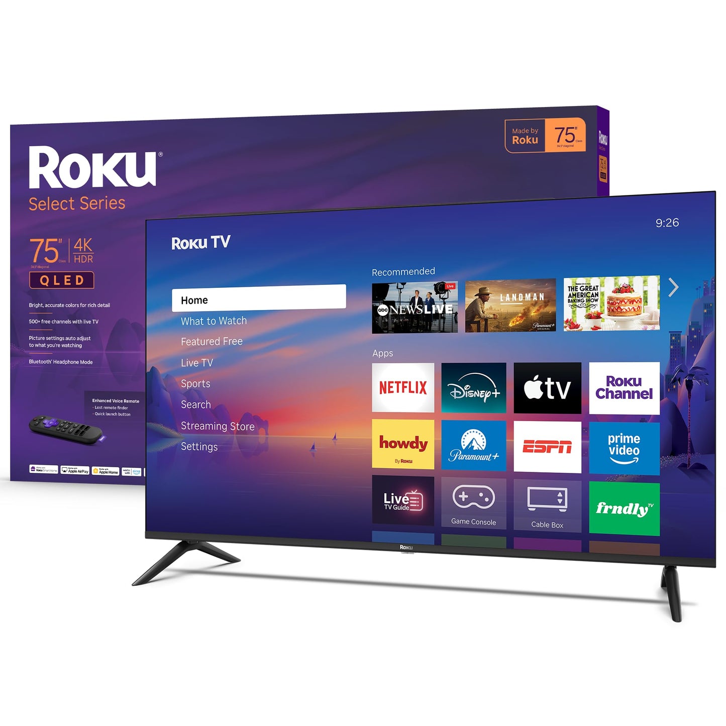 Roku Smart TV 2026 – 75-Inch Select Series, 4K QLED TV – Roku TV with Voice Remote – Flat Screen QLED Television with Wi-Fi for Streaming Live Local News, Sports, & Movies – Bluetooth Headphone Mode