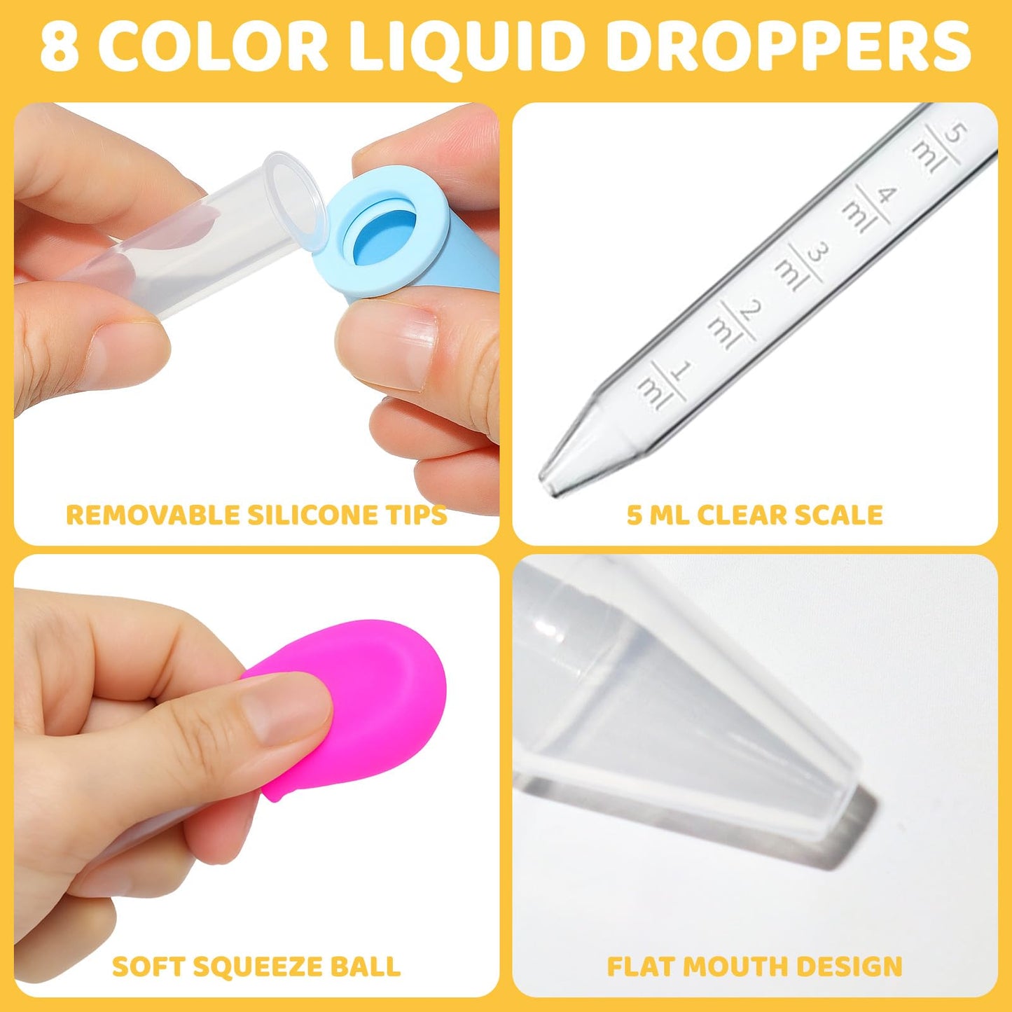 YLMUSU 24 Pack Liquid Droppers with a Clean Brush, 5ML 8 Colors Silicone and Plastic Pipettes with Bulb Tip, Medicine Eye Dropper for Kids Crafts/Candy Mold/Gummy Bear Maker/Oil