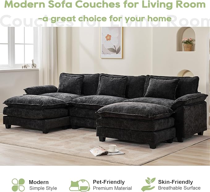 Oprisen 120" Modular Sectional Sofa, Comfy Cloud Couch Sectional Sofa with Ottoman, Chenille Sofa Sleeper Deep Seat Sofa with Throw Pillows for Living Room (Black, 120"- U Shape)