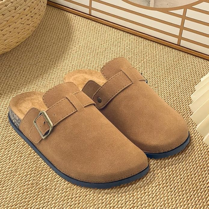Suede Clogs for Women PU Sandals Cork Footbed Slip-on Slippers Indoor Outdoor Cute Sandals Classic Adjustable Buckle Beige