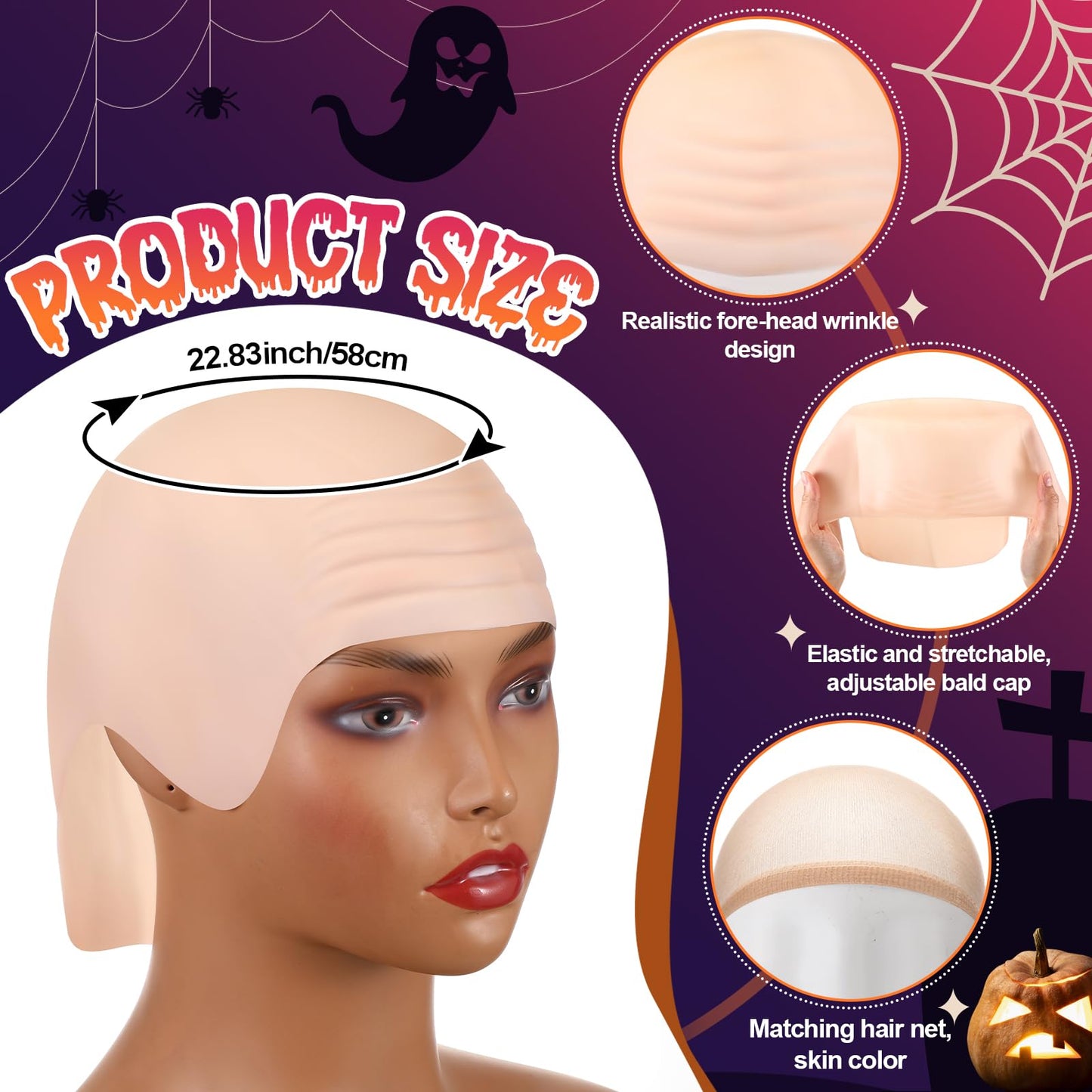 Syhood 4 Packs Halloween Bald Caps Makeup Latex Bald Head Wig Cap Bald Hat Costume Accessories for Women Men Adults(Dark Brown.nude,Large)