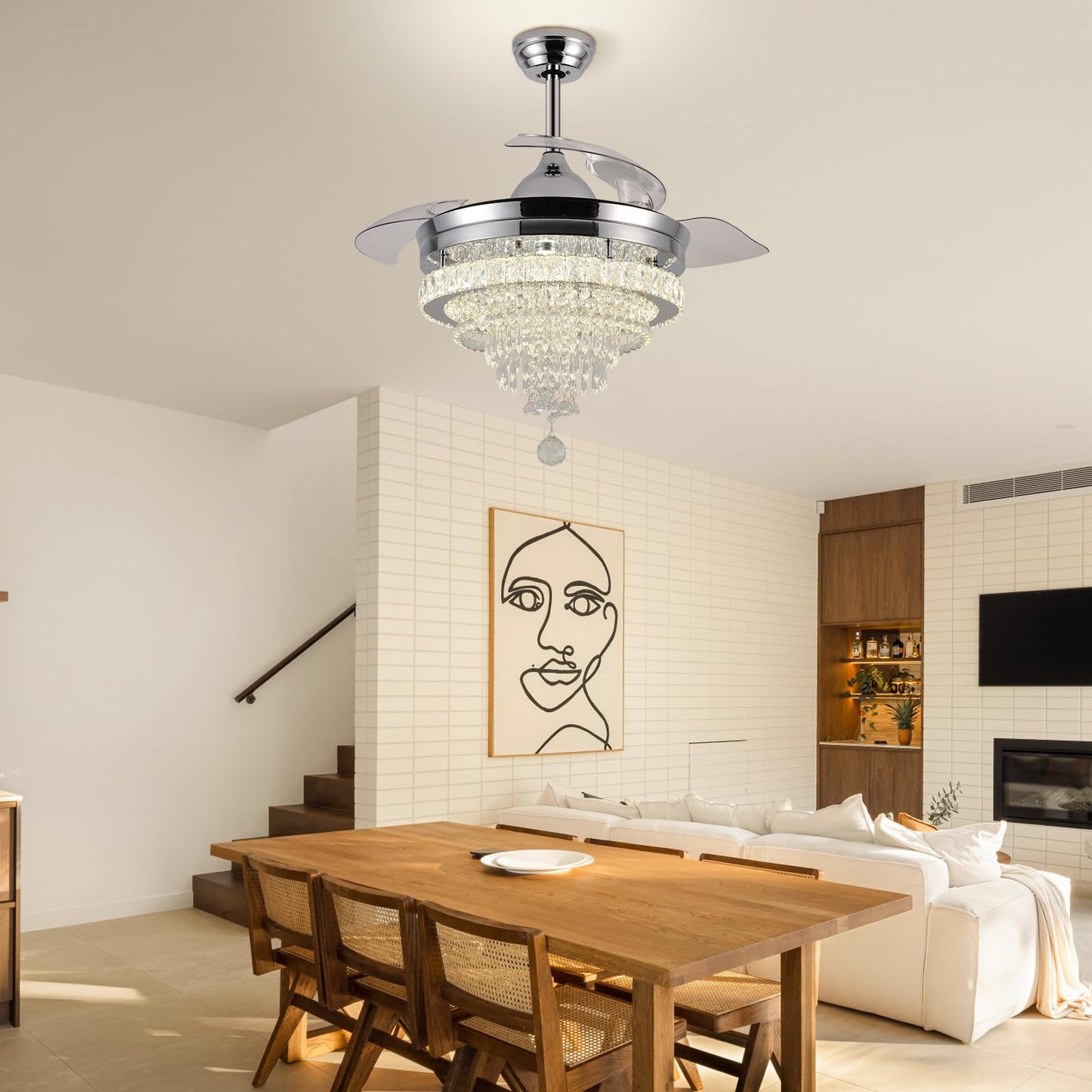 LEONTYNE 42" Modern Crystal Chandelier Ceiling Fan with Light & Remote,Dimmable LED Fandelier for Bedroom Living Room,3 Color Temperatures,6 Speeds,Retractable Blades,Timing & Memory Function