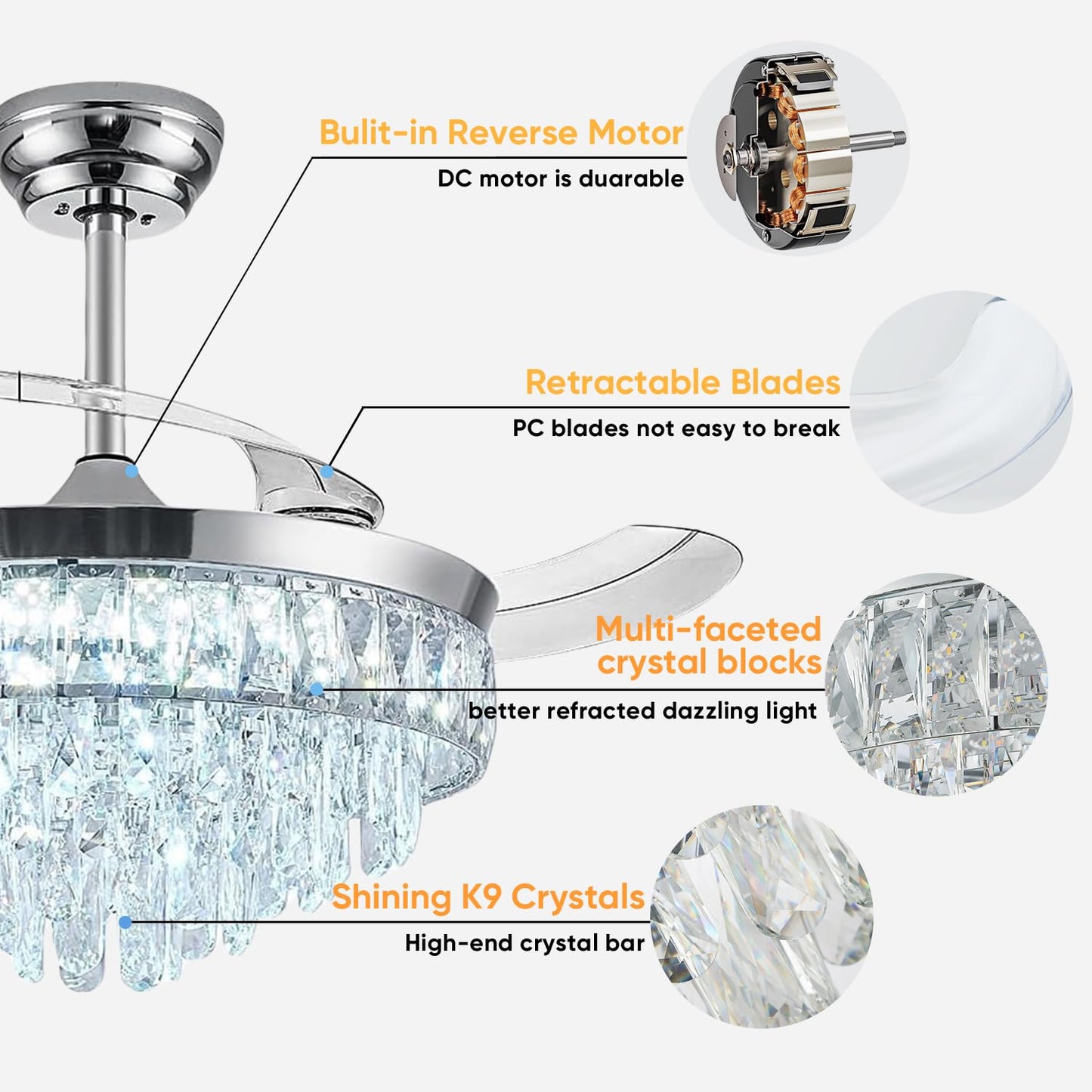 Deliyfans 42'' Chandelier Ceiling Fan with Lights, Retractable Fan with Remote and APP, Crystal Fandelier Ceiling Fan, Dimmable LED, Reversible Motor, Quiet for Bedroom Living Room-Chrome