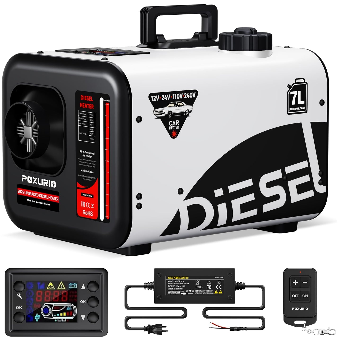 POXURIO 7L Large Diesel Heater, 8KW 240V/110V/12V/24V All in One Diesel Air Heater with LCD Switch, Remote Control, Suitable for Truck, RV, Home, Car, Campers, Boat, White(No Battery Only Tool)