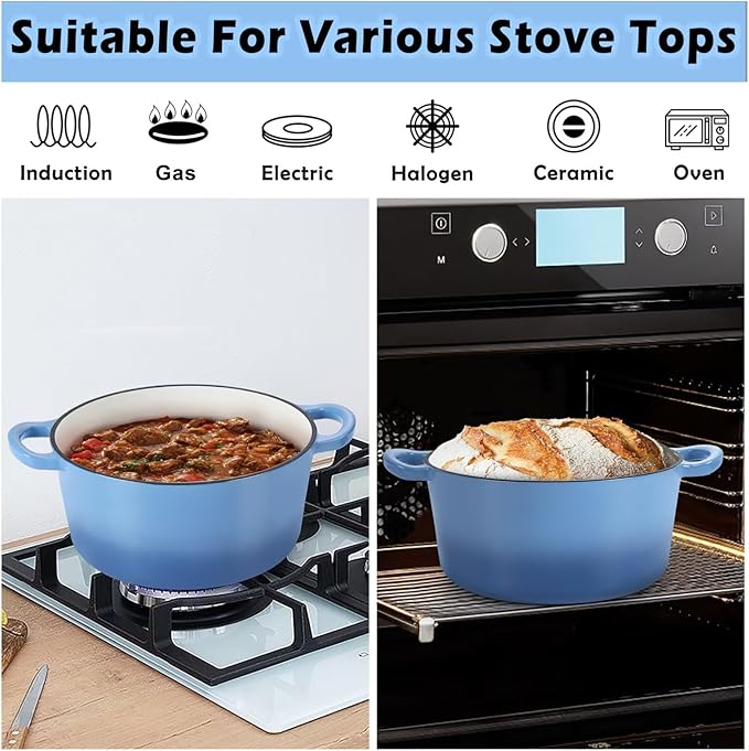 TeamFar 6QT Dutch Oven with Lid, Enameled Nonstick Cast Iron Dutch Oven Cooking Pot for Stewing Baking Braising, Various Stoves & Oven Safe, Toxic Free & Solid, Dual Handles & Easy Cleanup - Blue