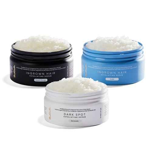Bushbalm Nude, Bermuda, and Sweet Escape Set - Prevent Ingrown Hairs, Remove Dark Spots, Rejuvenate Dull Skin - Exfoliating Scrub for Soft and Glowing Skin, 236 ml Each