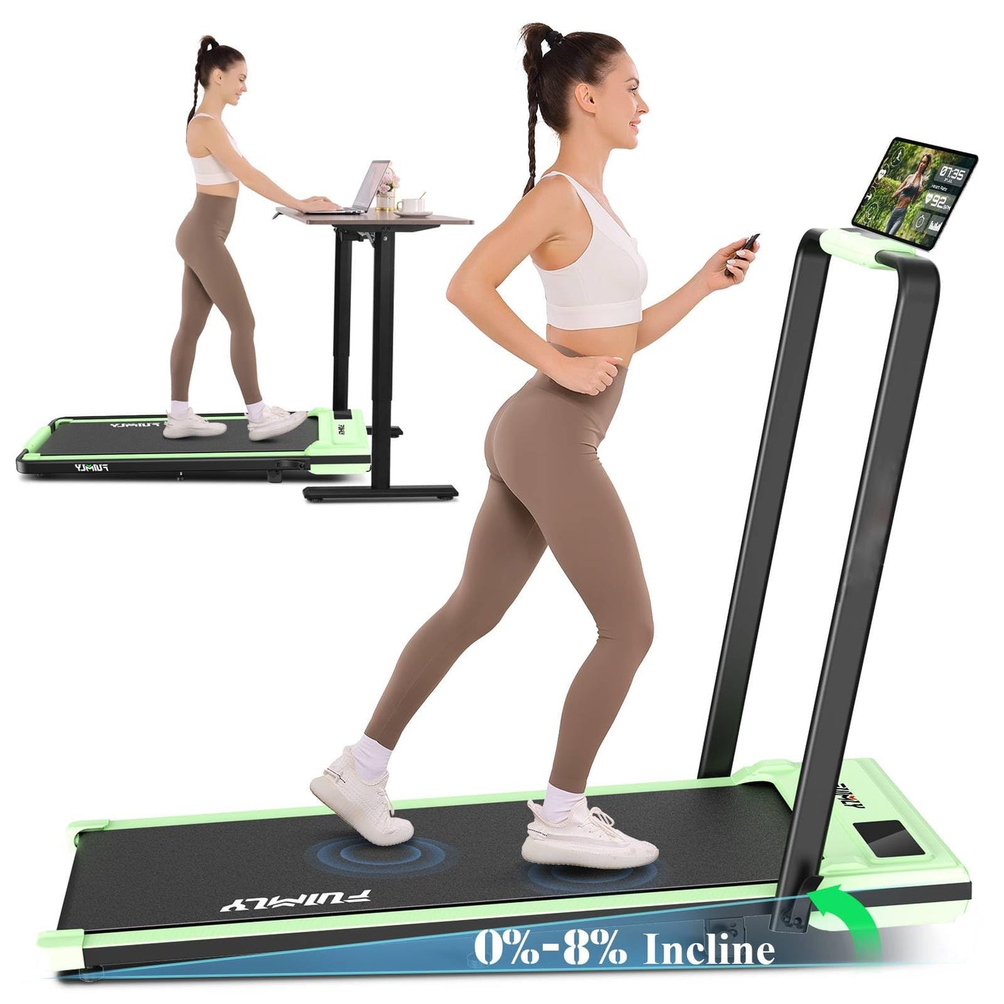 Folding Treadmill with Incline,4 in 1 Foldable Walking Pad with Handle Bar,Under Desk Treadmill for Home Office,Walking Pad 300LBS Weight Capacity/Dual Control/LED Display (Green)