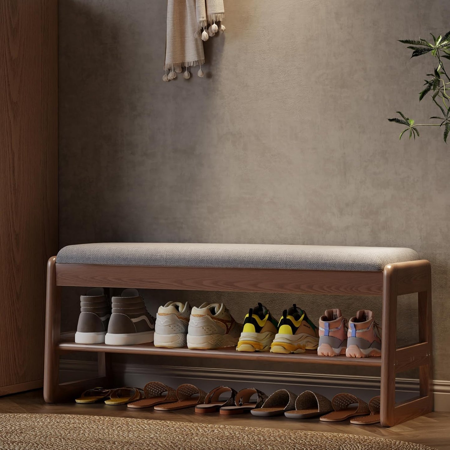 AQIMUELE Shoe Rack Bench with Cushion, 2 Tiers Shoe Bench with Flip-Top Storage,Wood Shoe Rack for Entryway,Hallway（Walnut,39.3"）