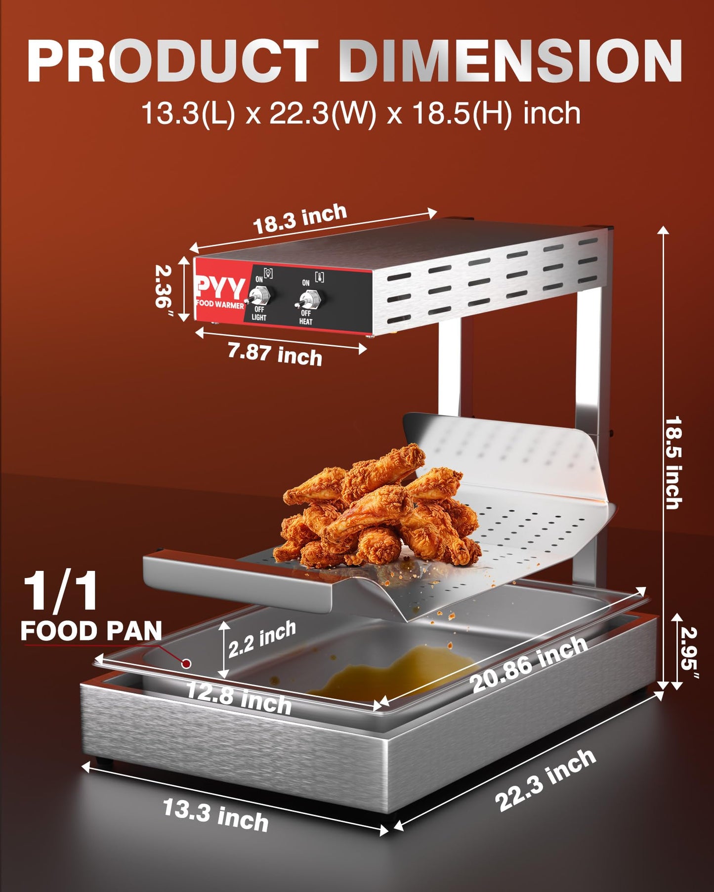 PYY French Fry Warmer - 500W Commercial Food Heat Lamp Fry Dump Station Chip Warmer Food Warmer Adjustable Height 15.4"-18.5" Temp 86°F-156°F Countertop Freestanding Food Truck Restaurant Buffet