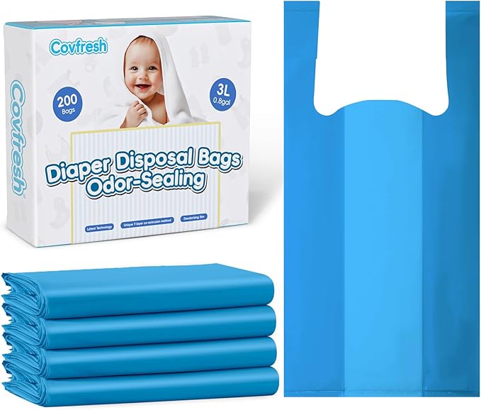 Odor Sealing Disposable Diaper Bags with Tie Handle, 200 count, Large Capacity, Unscented & Durable Diaper Trash Bags for Home & Baby Travel Use (Color:Blue)
