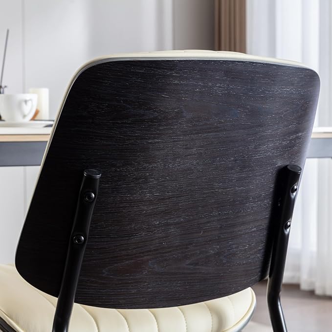 YaFiti Dining Chairs Set of 6, Mid Century Modern Accent Dining Room and Kitchen Chairs, Upholstered PU Leather Vertical Stripe Chairs for Vanity with Walnut Bentwood and Metal Legs, Beige