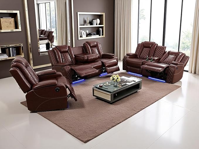 Dekmxas Living Room Furniture Sets, Power Reclining Sofa Set with LED Light, Brown 3-Piece Power Recliner Sofa with Cup Holders, Storage Console, Drop-Down Table for Office/Living Room/Home Theater