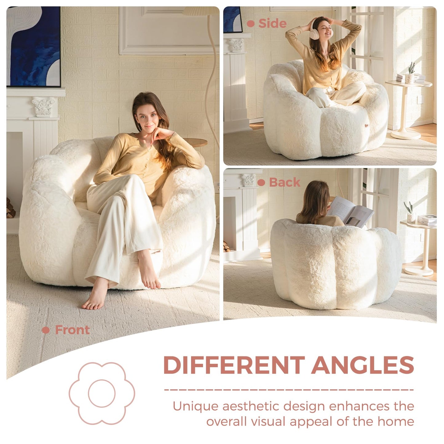 MAXYOYO Bean Bag Chair for Adults, Floral Shaped Bean Bag Sofa, Ultra Soft Faux Fur Floor Sofa, Large Reading Chair for Living Room Bedroom, Beige, Single