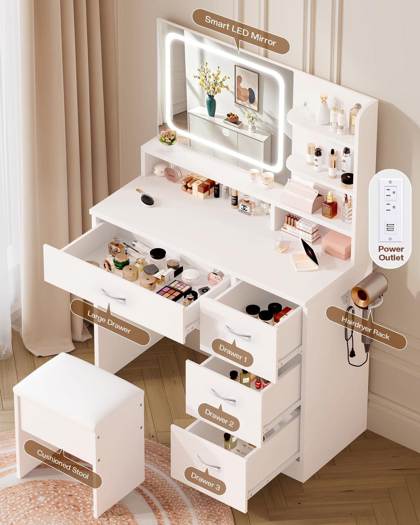 LIVELYGLOW Makeup Vanity Desk with Smart LED Mirror & Charging Station, 34.1" White Vanity Table Set with Cushioned Stool, 4 Drawers & Hairdryer Rack, Modern Bedroom Dressing Table-White