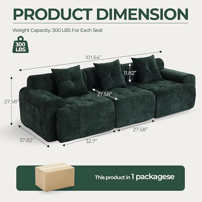 YAAREE 101.65” Modular Sectional Couch for Living Room, 3-Seater Cloud Sofa with Deep Seat, Woven Texture Upholstery Boneless Couch, No Assembly, Green