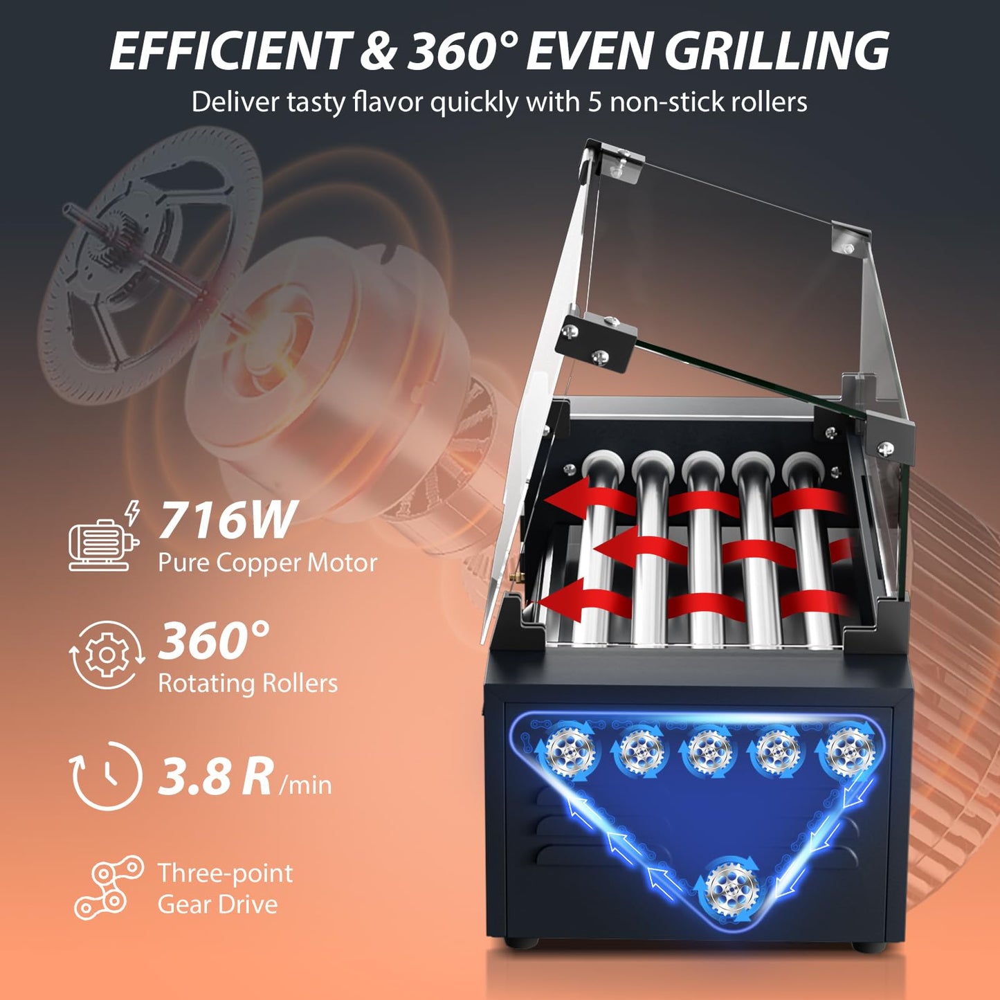 Baotree Commercial Hot Dog Rollers, 5 Rollers 12 Hot Dogs Capacity, 750W Stainless Steel Hot Dog Griller with Dual Controls, Glass Cover, Removable Tray for Commercial and Party