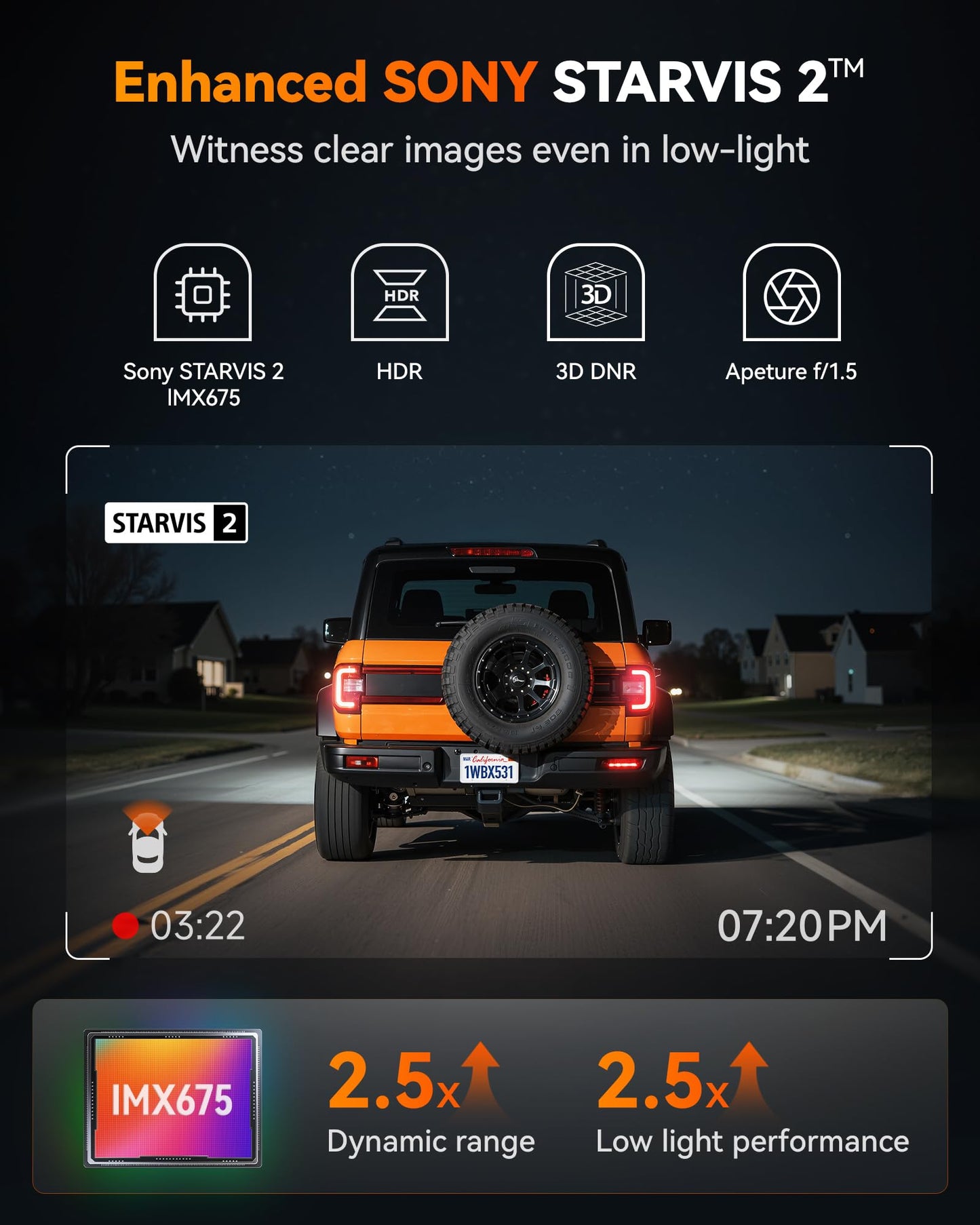 Wolfbox X3 2.5K 1440P 60Fps Dash Camera, Starvis 2 Imx675 With Adas, 1440P+1080P Dual Dashcam Front And Rear Camera With Built-I