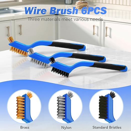 Wire Brush Set, 6 Pcs Stainless Steel/Brass/Nylon Wire Brushes for Cleaning with Curved Handle Grip for Rust Removal, Dirt, Paint Scrubbing(Blue)