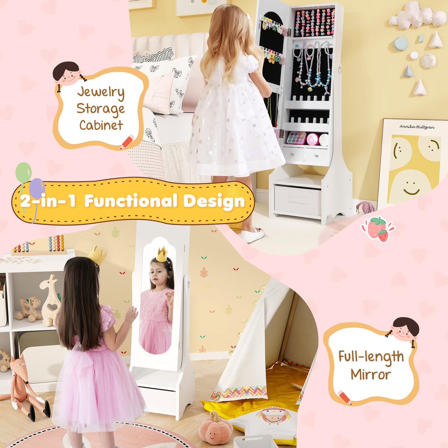 CHEFJOY Kids Jewelry Armoire Cabinet, Children Dressing Organizer with Mirror Full-Length & 3 Storage Drawers, Free Standing Princess Make Up Vanity for Girls Room, Bedroom (White)