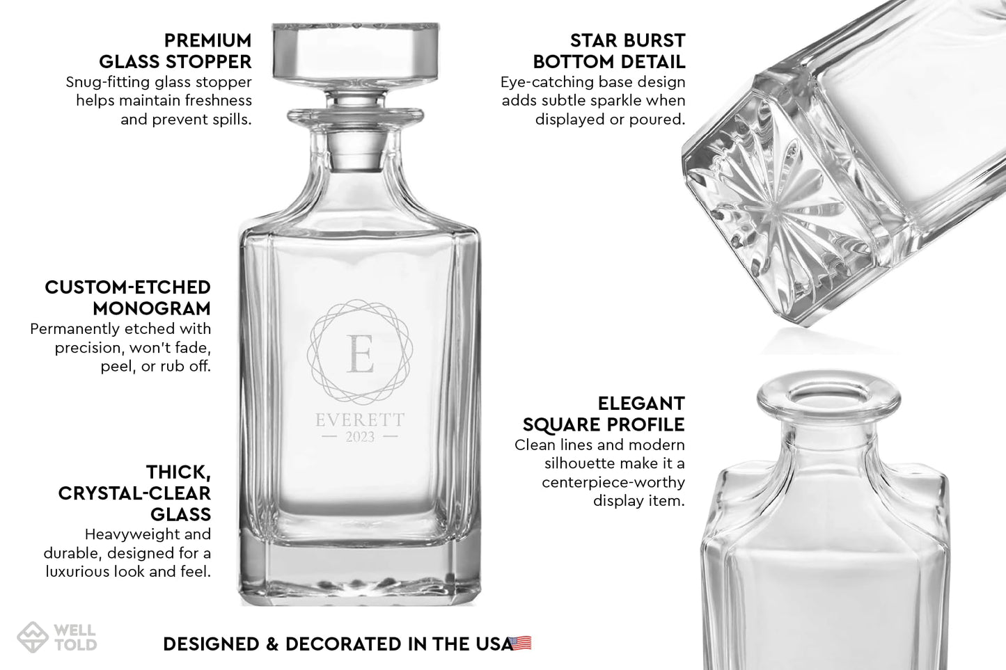 Personalized Whiskey Decanter & Glassware Gift Set – Custom Monogram Decanter with Rocks Glasses & Coasters – Premium Lead-Free Glass – Gift for Men, Groomsmen, Father’s Day, Retirement