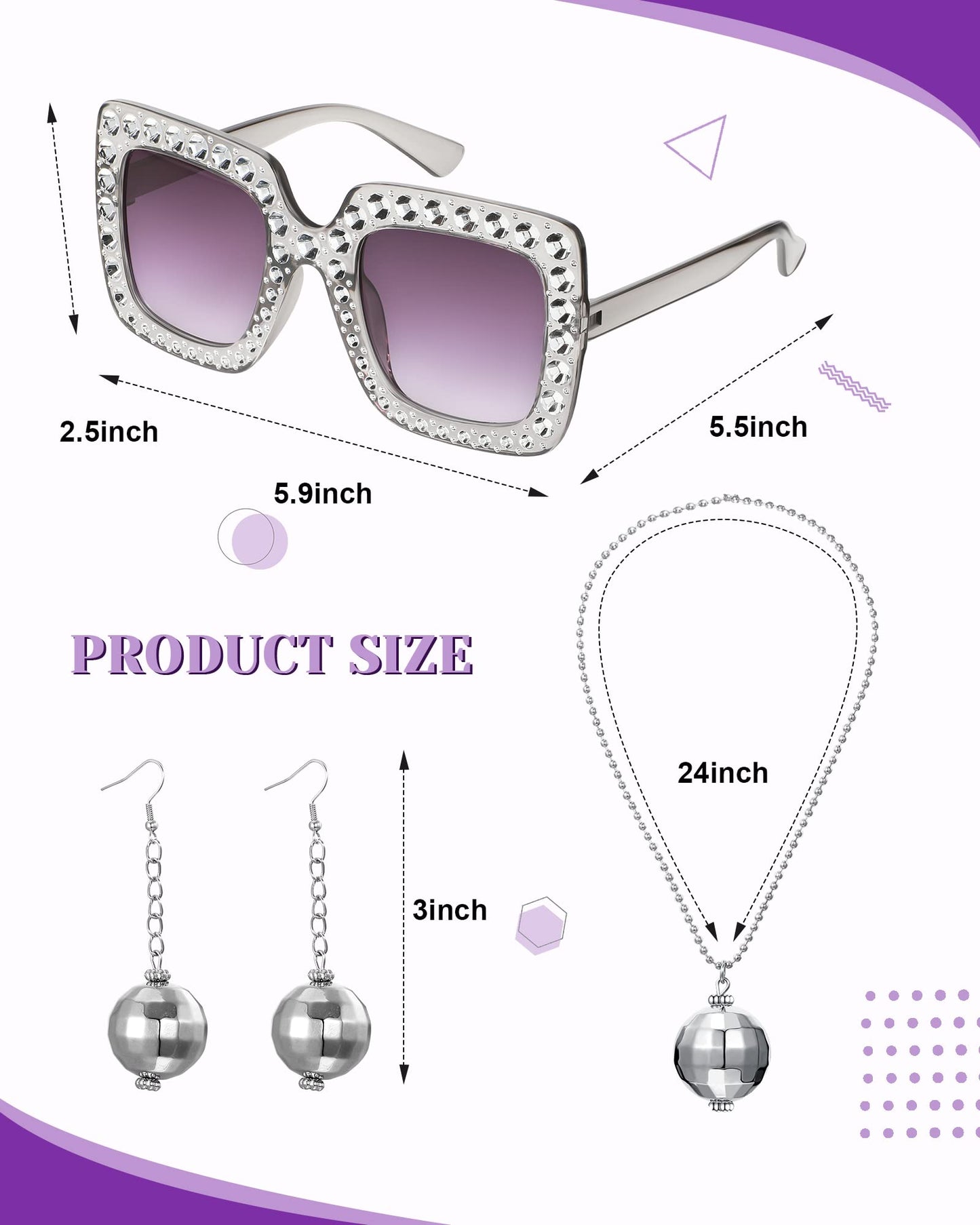 Jexine 7 Pcs 60s 70s Disco Outfits for Women Disco Party Costume Set Top Pants Sunglasses Ball Necklace Earring Wig Halloween(Small,Classic Style)