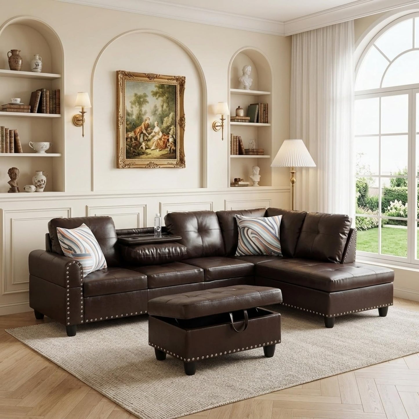Trygoal 97.5 inch L-Shape Sofa with Storage Ottoman & Reversible Coffee Table, Leather Sectional Couch with Right Chaise, Modern 3-Piece Sofa Set, Upholstered Couch Set with Solid Wood Frame, Brown