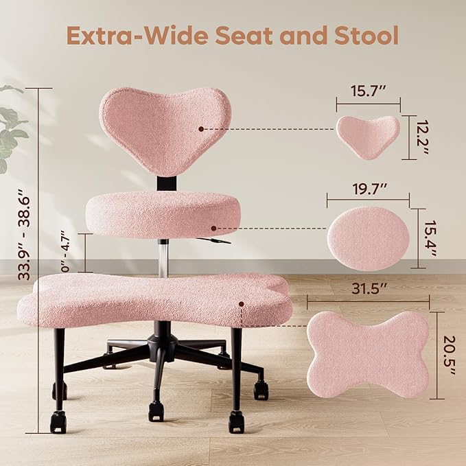 Nost & Host Cross Legged Office Chair with Wheels, 4INCH ADHD Chair for Adults, Meditation Chair, Height Adjustable Seat, Yoga Chair, Teddy Fabric, Pink