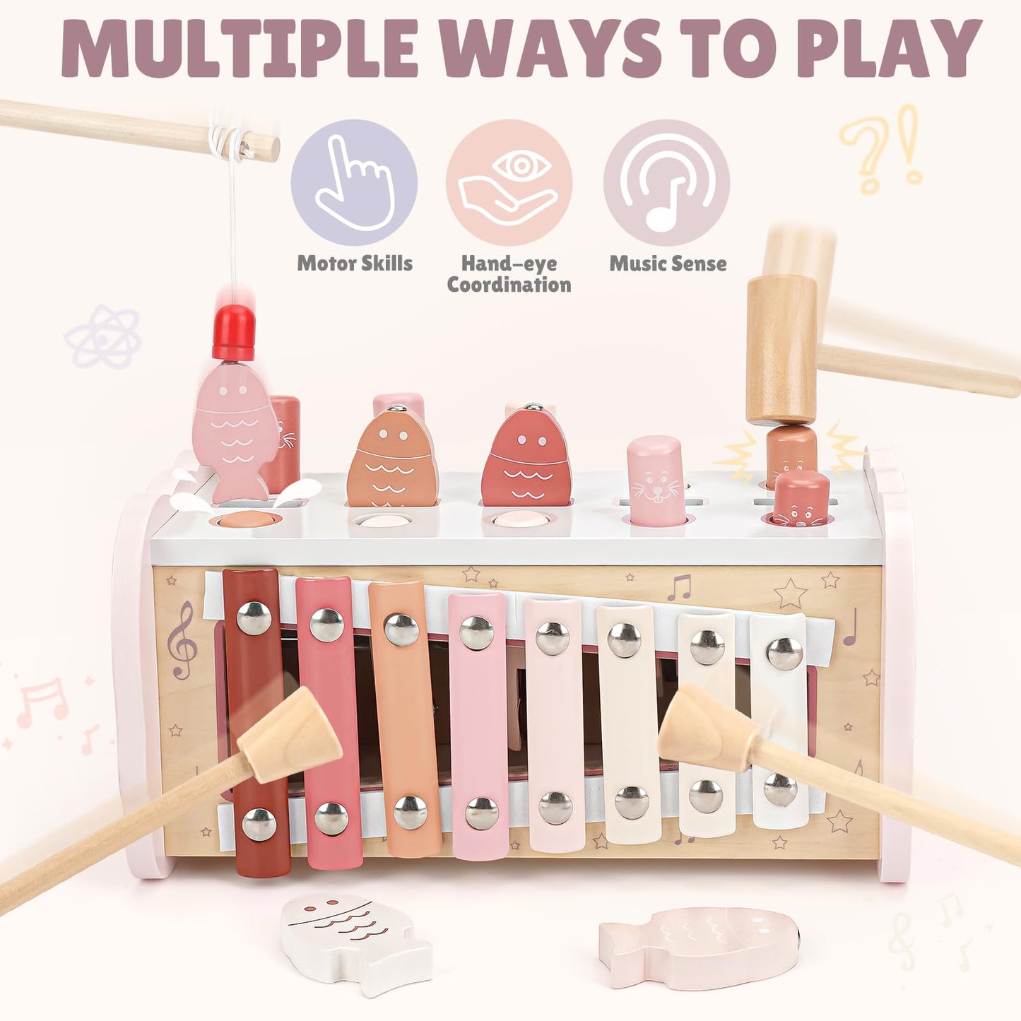 Joyreal Montessori Toys for 1 Year Old Girl Gift - Pink Wooden Hammering Pounding Toy with Xylophone & Fishing Game - Toddler Learning Activities for Kids 1+ 2 3 Year Old Christmas Birthday Gifts