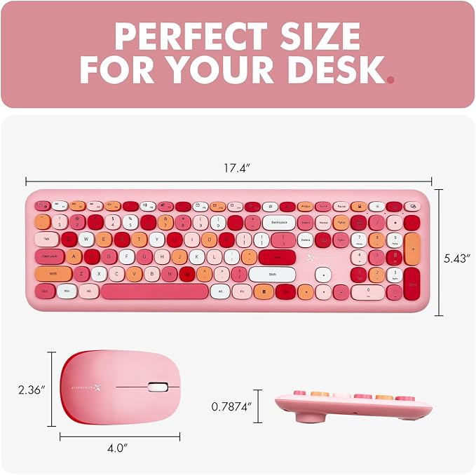 X9 Pink Cute Wireless Keyboard and Mouse Combo - 2.4G Retro Typewriter-Style with Aesthetic Bubble Keys - Colorful Hot Pink Keyboard and Mouse Wireless Combo for PC, Laptop, Windows & Chrome