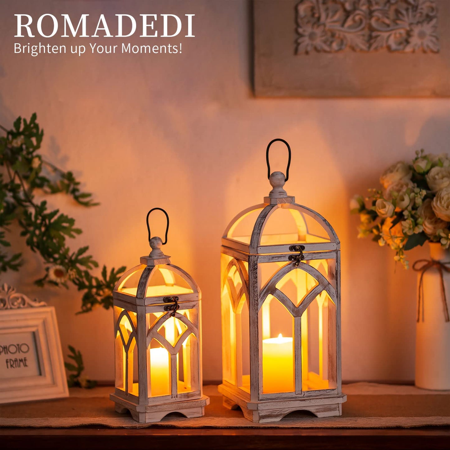 Romadedi Decorative Candle Lantern Wood - Rustic Wooden Lantern for Farmhouse Home Living Room Shelf Patio Table Decoration Christmas Holloween Wedding Party Table Centerpiece, Washedwhite