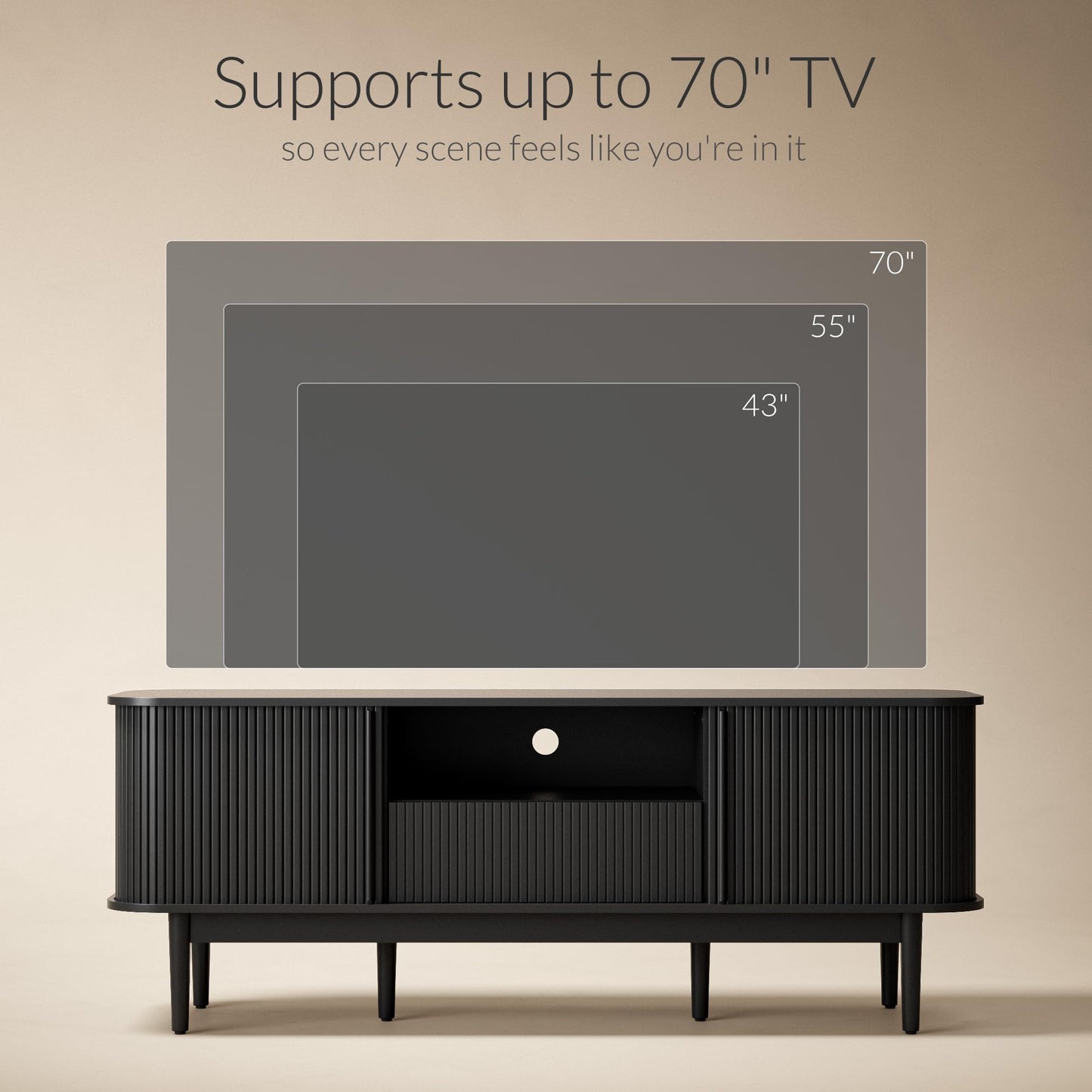 Furniway Modern TV Stand for 45/55/70 inch TV, Entertainment Center with Sliding Doors and Storage, Wood TV Stand for Bedroom, Living Room, Black