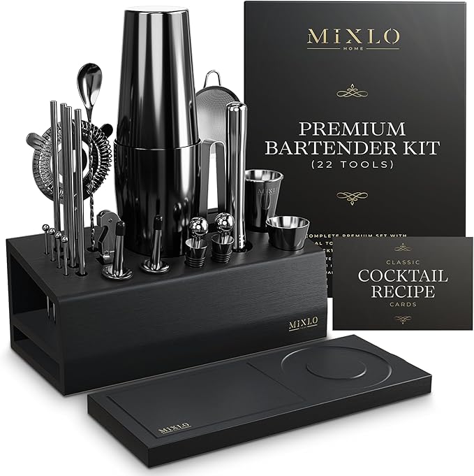 MIXLO HOME Mixology Bartender Kit - 22Pcs Bar Set Cocktail Shaker Set w Black Bar Cart Accessories Stand - Shakers Bartend...