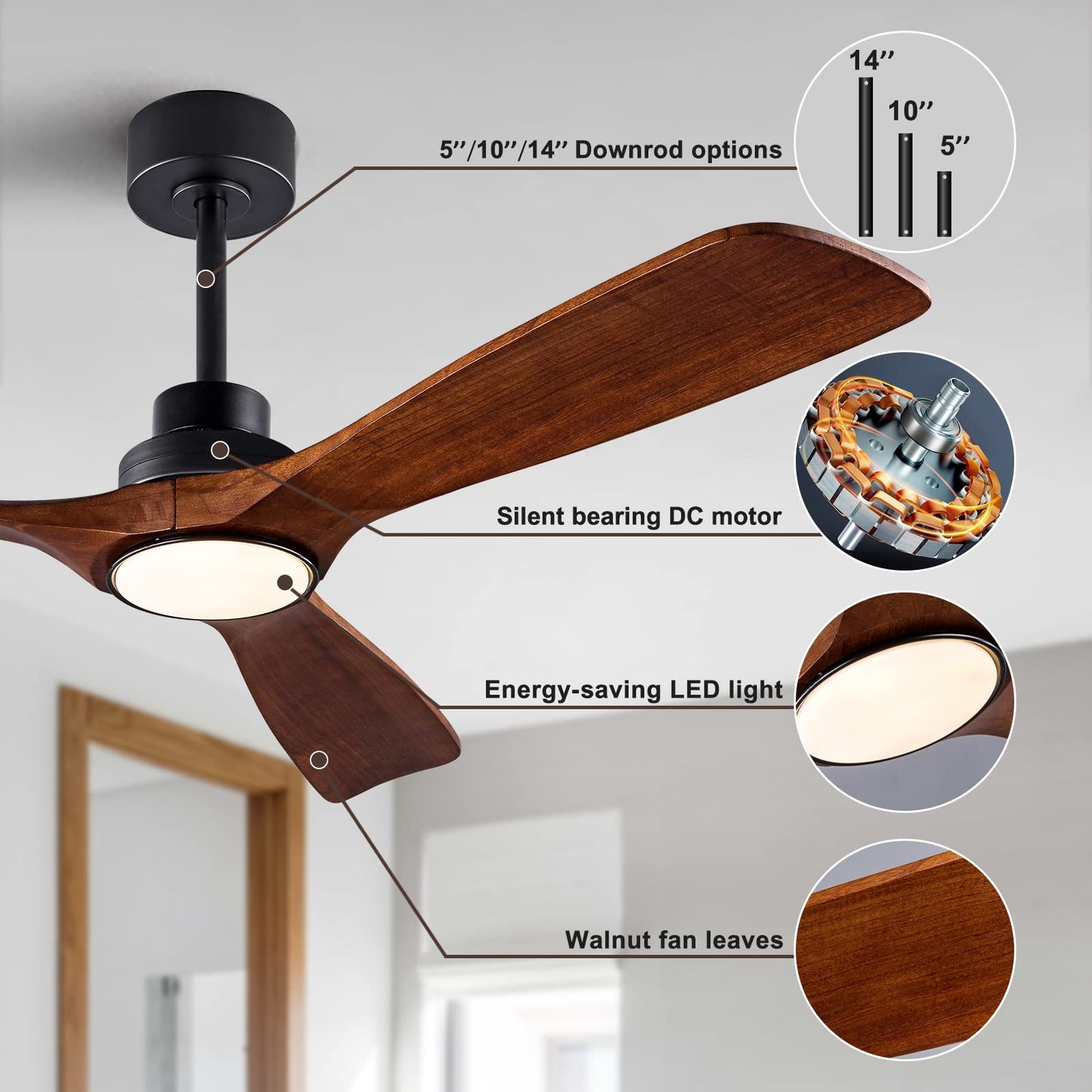QUTWOB 52" Wood Ceiling Fan with Lights Remote Control,Quiet DC Motor 3 Blade Ceiling Fans for Patio Living Room, Bedroom, Office,Indoor Outdoor(Black+Dark Walnut)