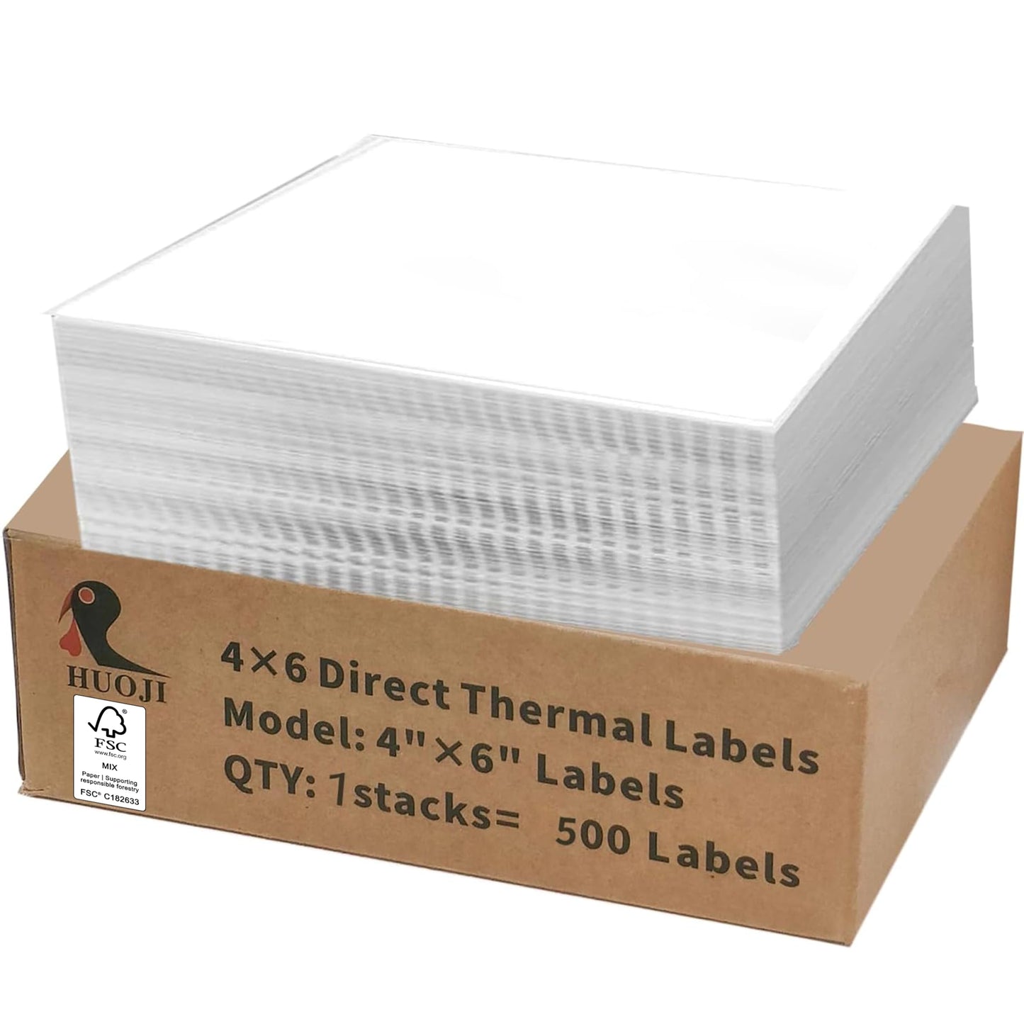 4x6 Thermal Labels 500/Stack, HUOJI Shipping Thermal Labels 4x6 Fanfold Compatible with Rollo, Zebra, MUNBYN Printers (Commercial Grade)