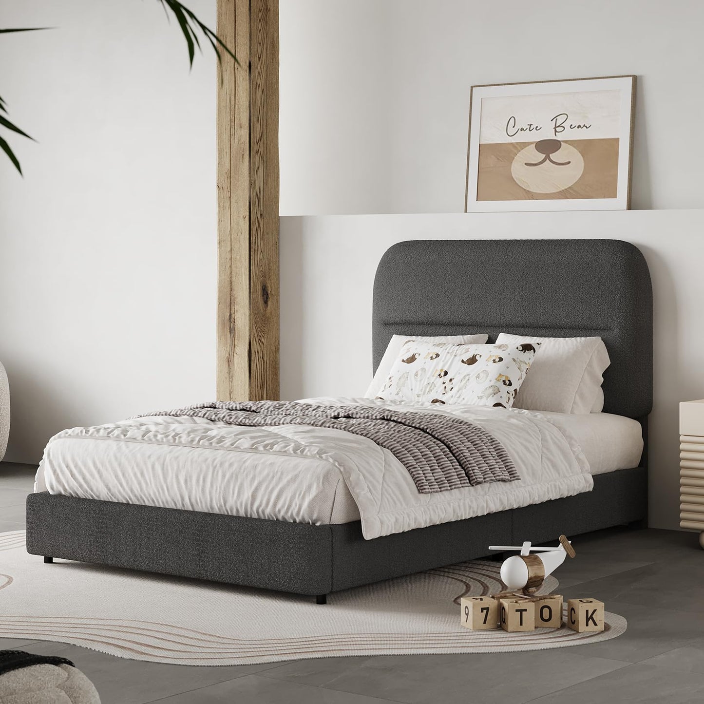 HOMBCK Twin Size Boucle Bed Frame, Upholstered Bed Frame with Rounded Headboard, Soft Modern Bed Frames with Thickened Footboard, Rounded Corners, No Box Spring Needed, Easy Assembly, Grey