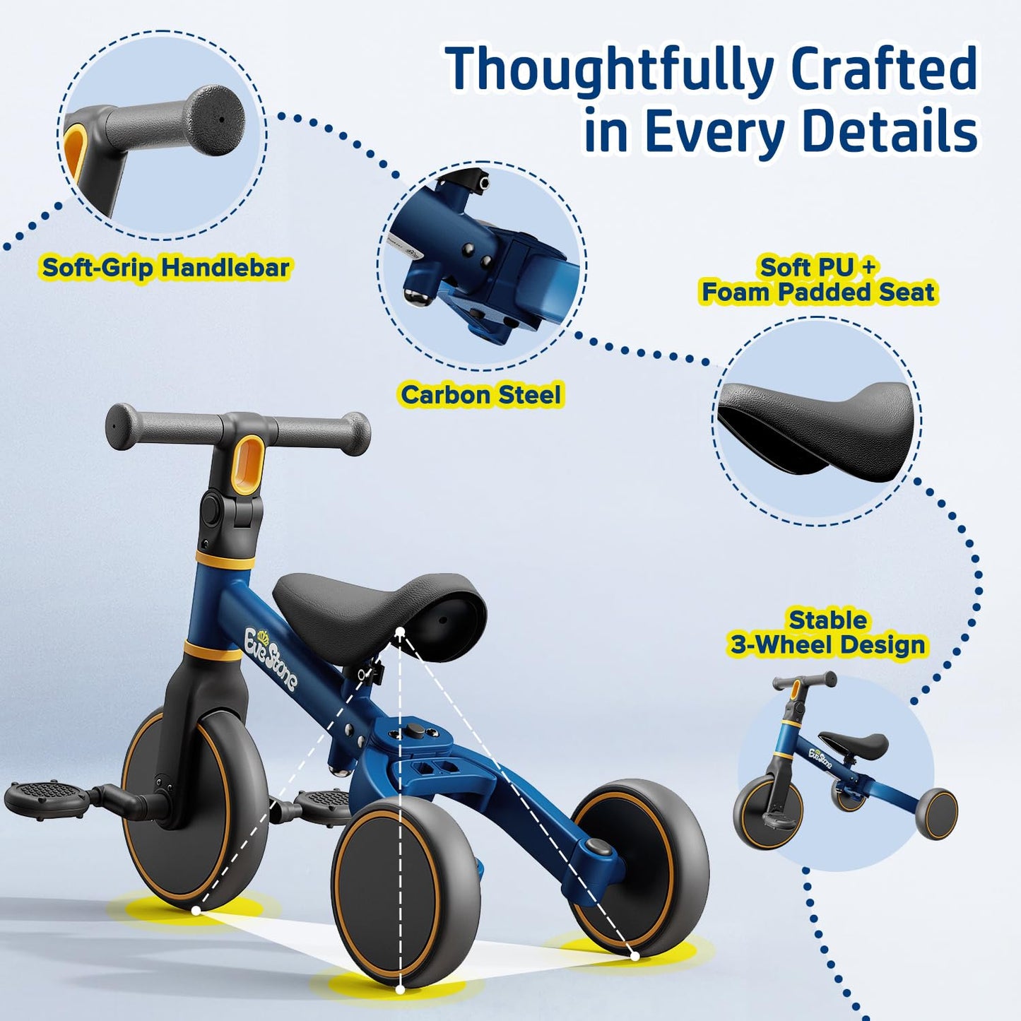 EveStone 5-in-1 Kids Balance Bike, Toddler Tricycle for 1-3, Ride-On Toy for 18 Months to 4 Years, Outdoor and Indoor Gift Bike for Yard, Sidewalk, Park, Birthday Present for Boys & Girls, Blue