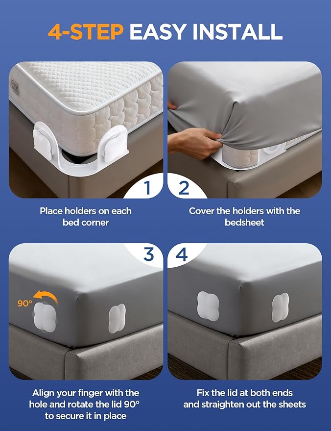 Sheet Holders Bed Sheet Grippers - Fitted Sheet Holder for Corners Keep Sheets Firm & Tight Fit All Sheet Sizes Sheet Straps Clips Easy Installation