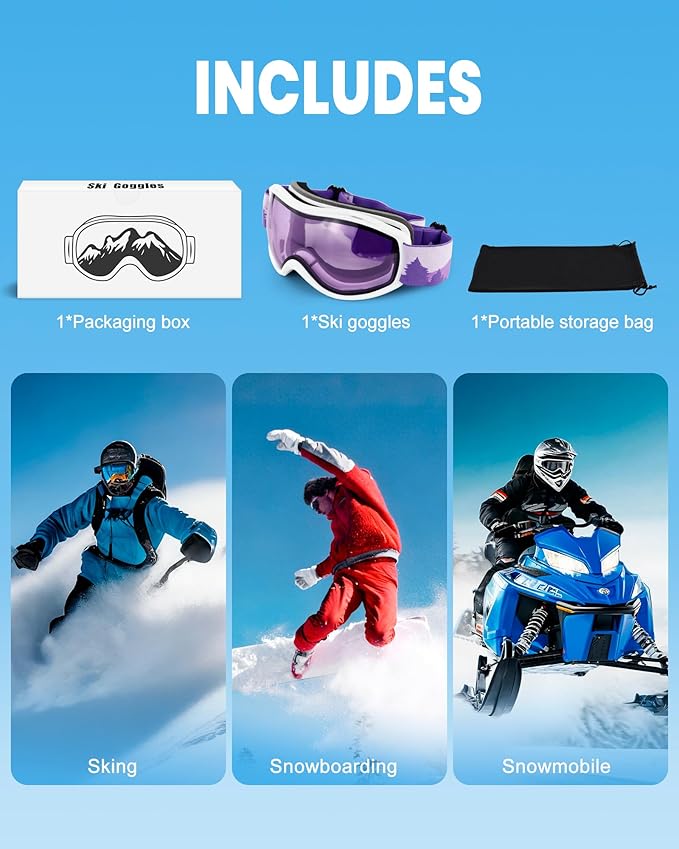 AVV Ski Goggles UV Protection, Anti-Fog Snowboard Snow Goggles OTG for Men Women Adults & Youths