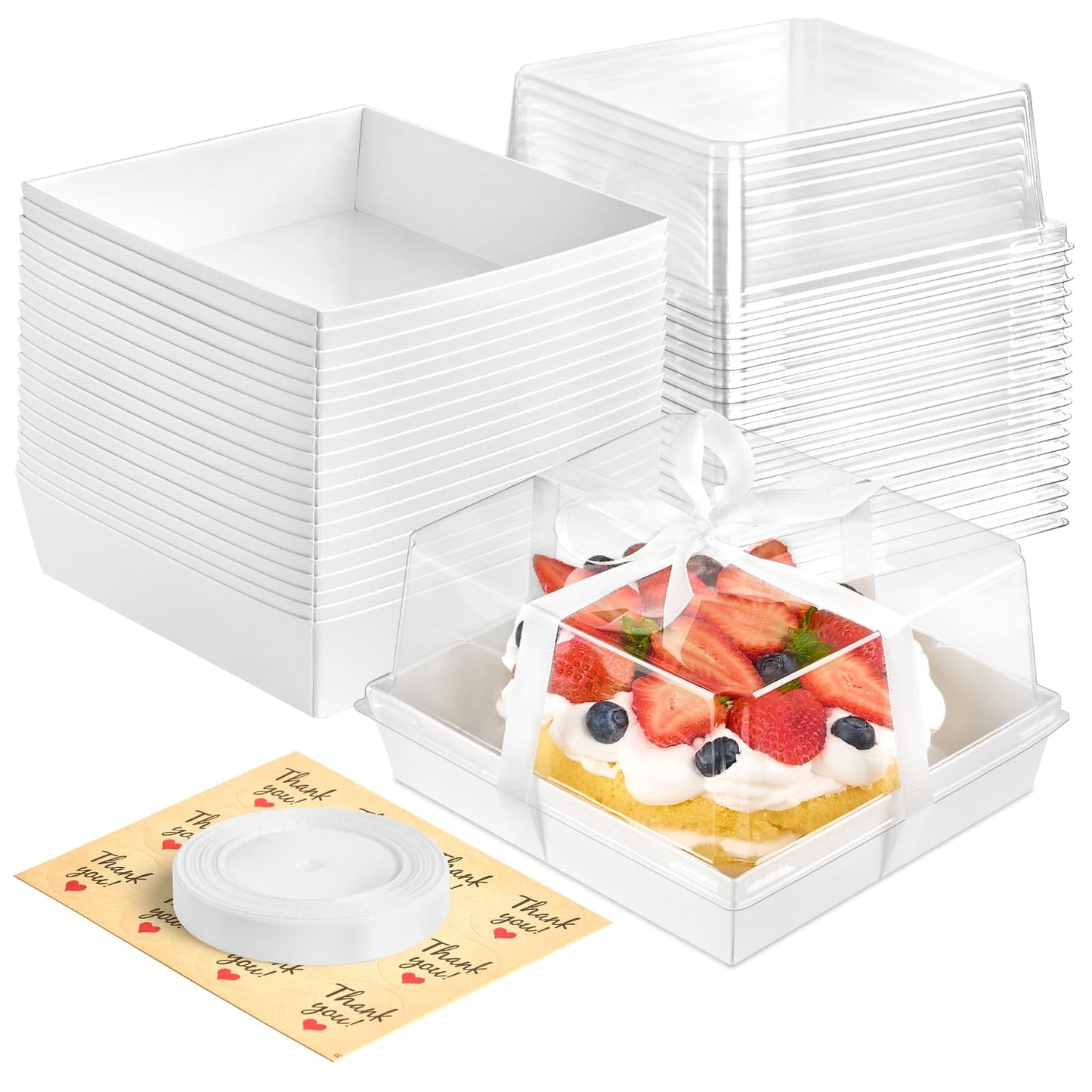 Kucoele 7 x 7 x 4 Inches White Paper Cake Boxes with Clear Lids, 20 Pack Square Charcuterie Boxes Disposable To Go Food Containers for 4-6 Inch Cake, Jumbo Cupcakes, Bakeries