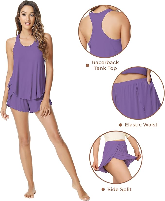 NACHILA Pajamas for Women-Viscose from Bamboo, Ribbed Racerback Tank Top Sexy Split Shorts Pajama Sets Cooling Sleep Cami Pjs
